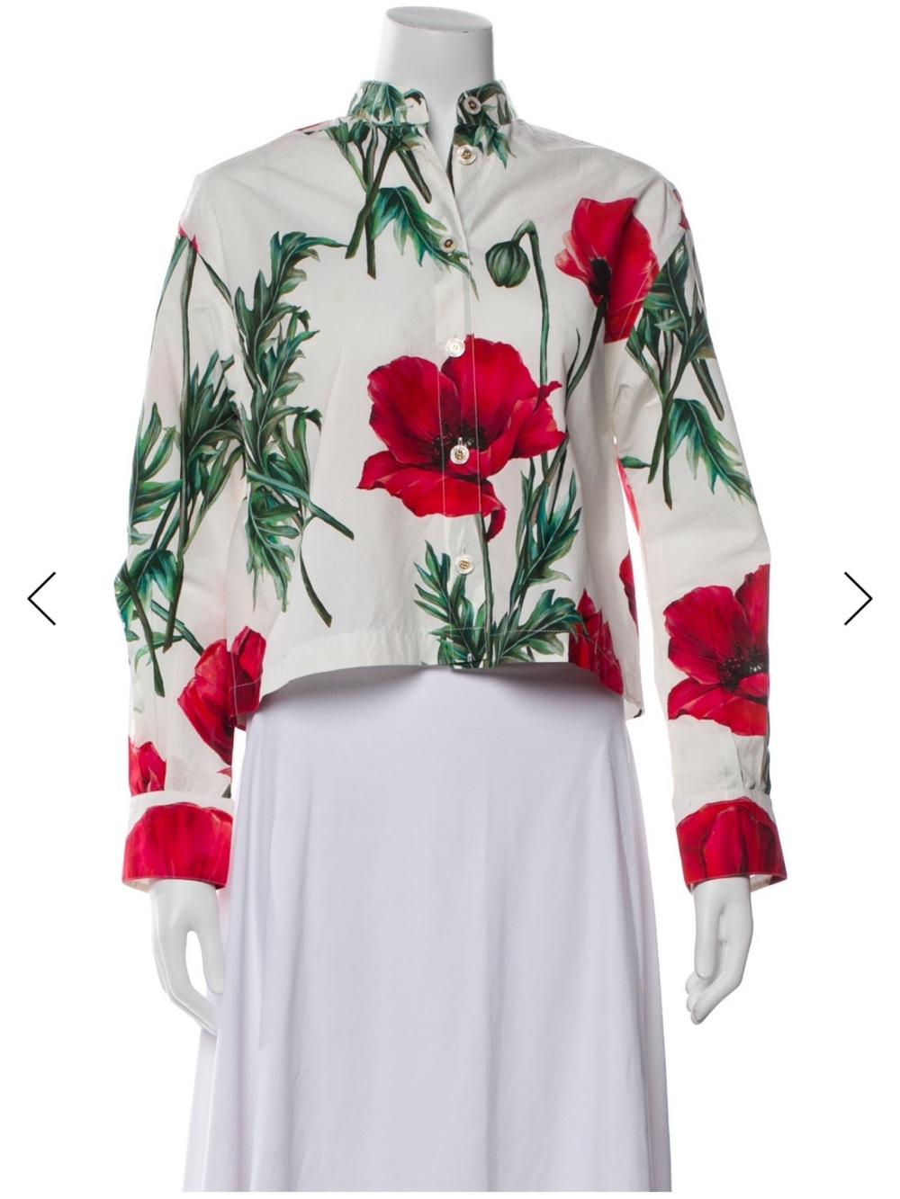 Dolce & Gaban White Floral Button-Front Cropped button down with Red Poppy Print